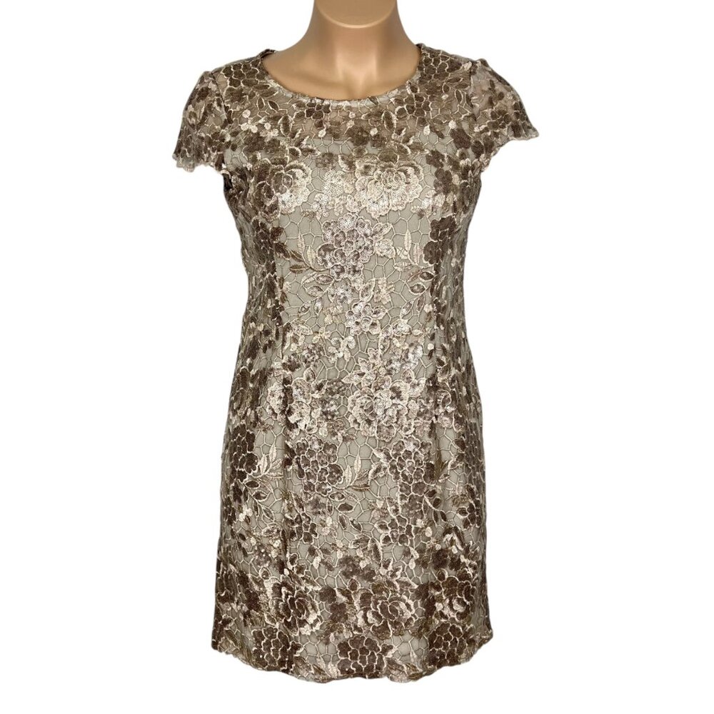 Alex Evenings Womens Taupe Cocktail Dress Embroidered Sequin Short Sleeve sz 14